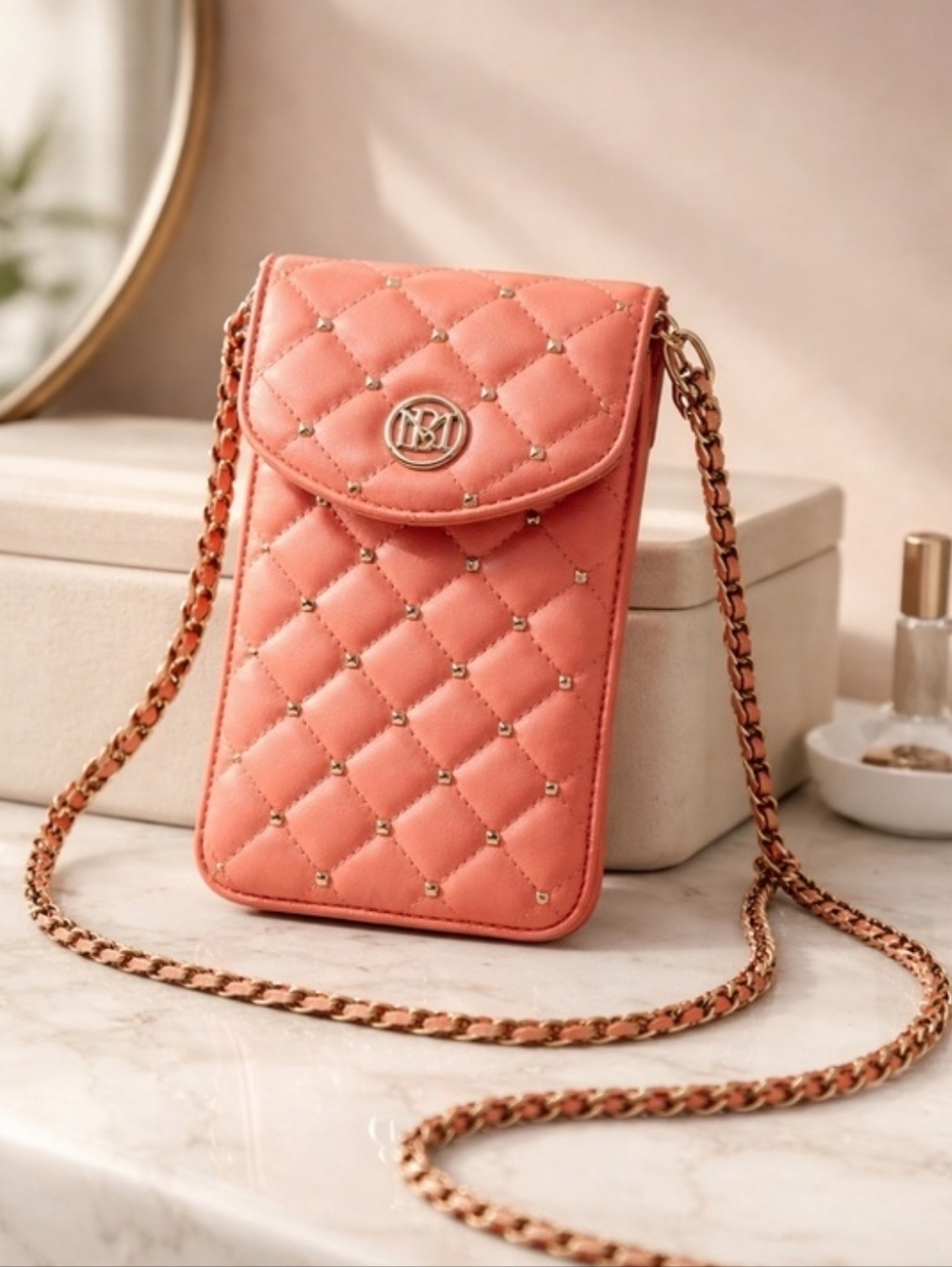 Badgley Mischka Vegan Leather Coral Pearls Strap Phone Case 8"x4.5" NWT
